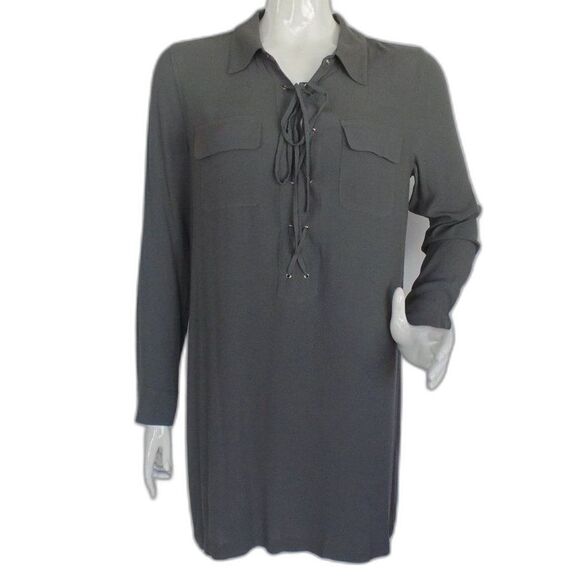 1.STATE Shirt Dress, M, Gray, Long sleeve, Lace-up neck, mini, Pockets - Picture 1 of 12